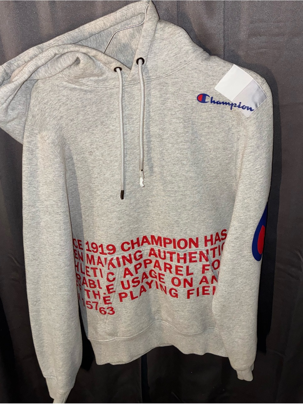 Champion Gray Crewneck Hoodie with Red Script
